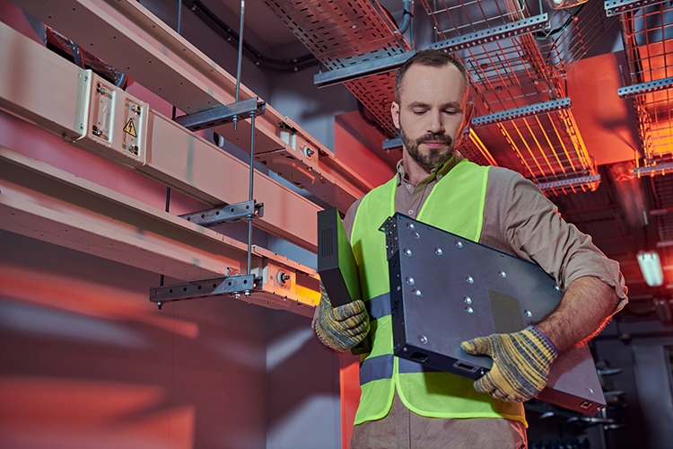 Praetorian Solutions website image of network engineer wearing a green safety vest carrying network switches in an industrial building with grid trunking overhead. Praetorian Solutions install Ubiquity network components.