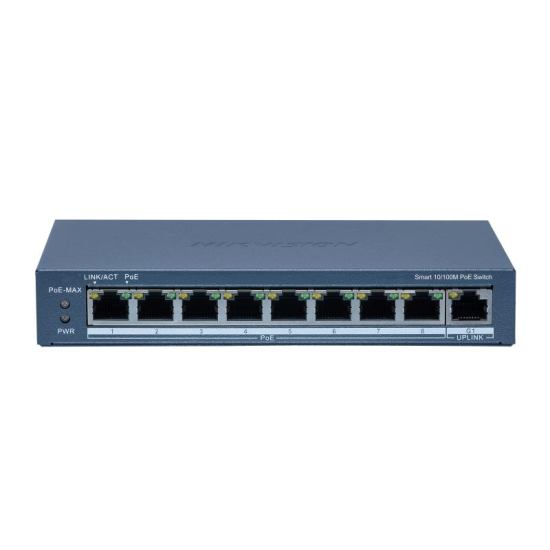Hikvision 8 port Smart POE switch 110w POE budget  Hikvision topology management  1 10/100 RJ45 uplink 